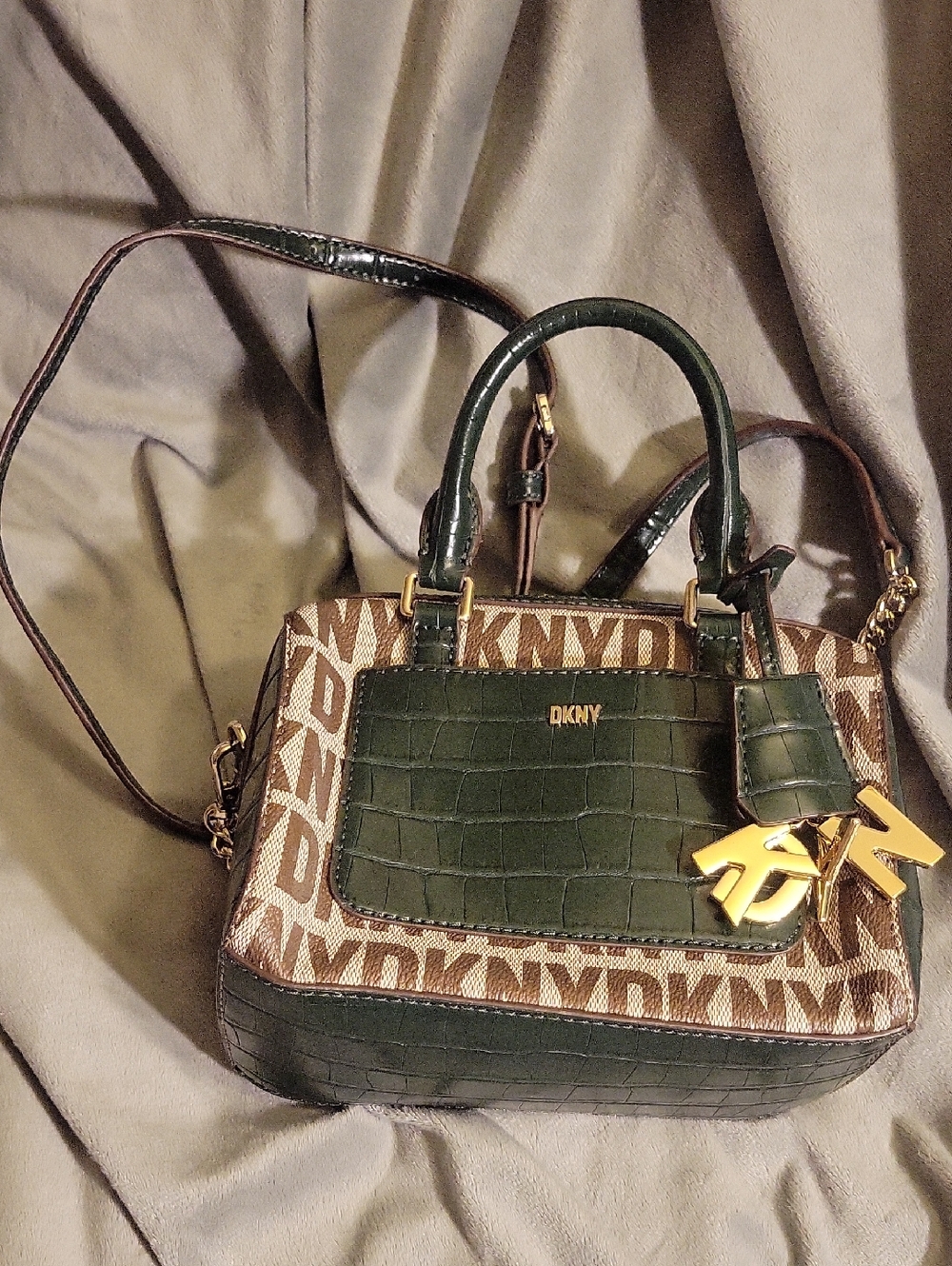 DKNY Brown Logo & Dark Green Croc-Embossed Crossbody Satchel